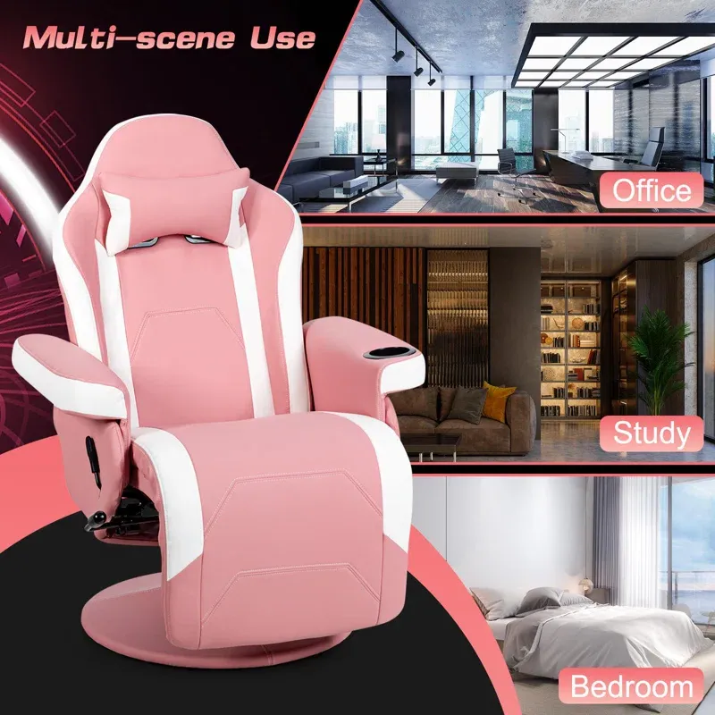 Adjustable Reclining Ergonomic Faux Leather Swiveling PC & Racing Game Chair with Footrest in Pink/White