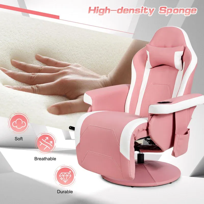Adjustable Reclining Ergonomic Faux Leather Swiveling PC & Racing Game Chair with Footrest in Pink/White