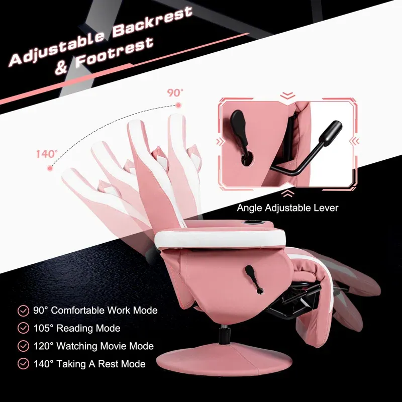 Adjustable Reclining Ergonomic Faux Leather Swiveling PC & Racing Game Chair with Footrest in Pink/White