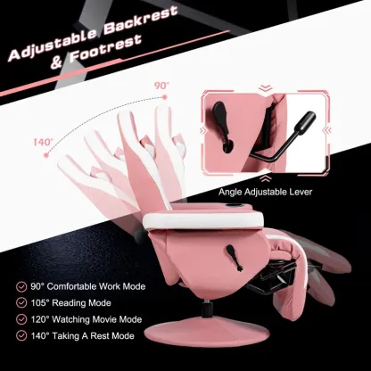 Adjustable Reclining Ergonomic Faux Leather Swiveling PC & Racing Game Chair with Footrest in Pink/White