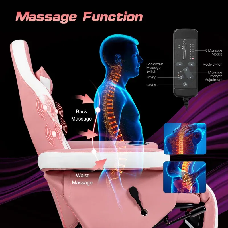 Adjustable Reclining Ergonomic Faux Leather Swiveling PC & Racing Game Chair with Footrest in Pink/White