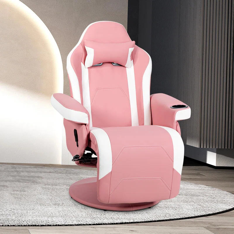 Adjustable Reclining Ergonomic Faux Leather Swiveling PC & Racing Game Chair with Footrest in Pink/White