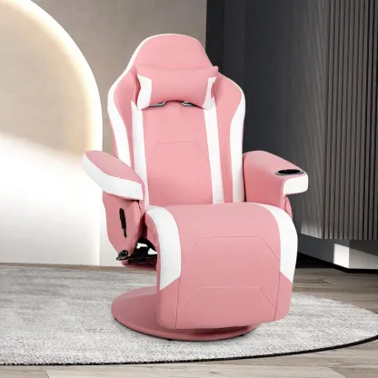 Adjustable Reclining Ergonomic Faux Leather Swiveling PC & Racing Game Chair with Footrest in Pink/White