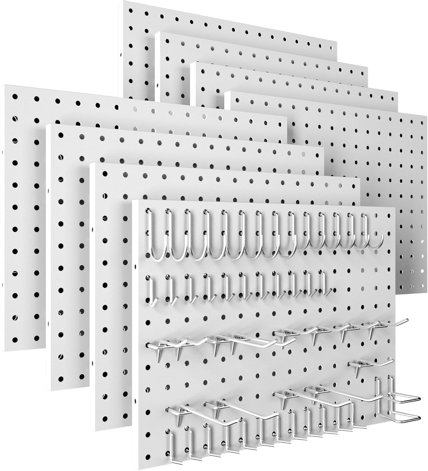 8 Pack Metal Pegboard Panels with 50 Hooks, White Pegboards Wall Organizer, Peg Board for Walls Home, Garage Tool Storage