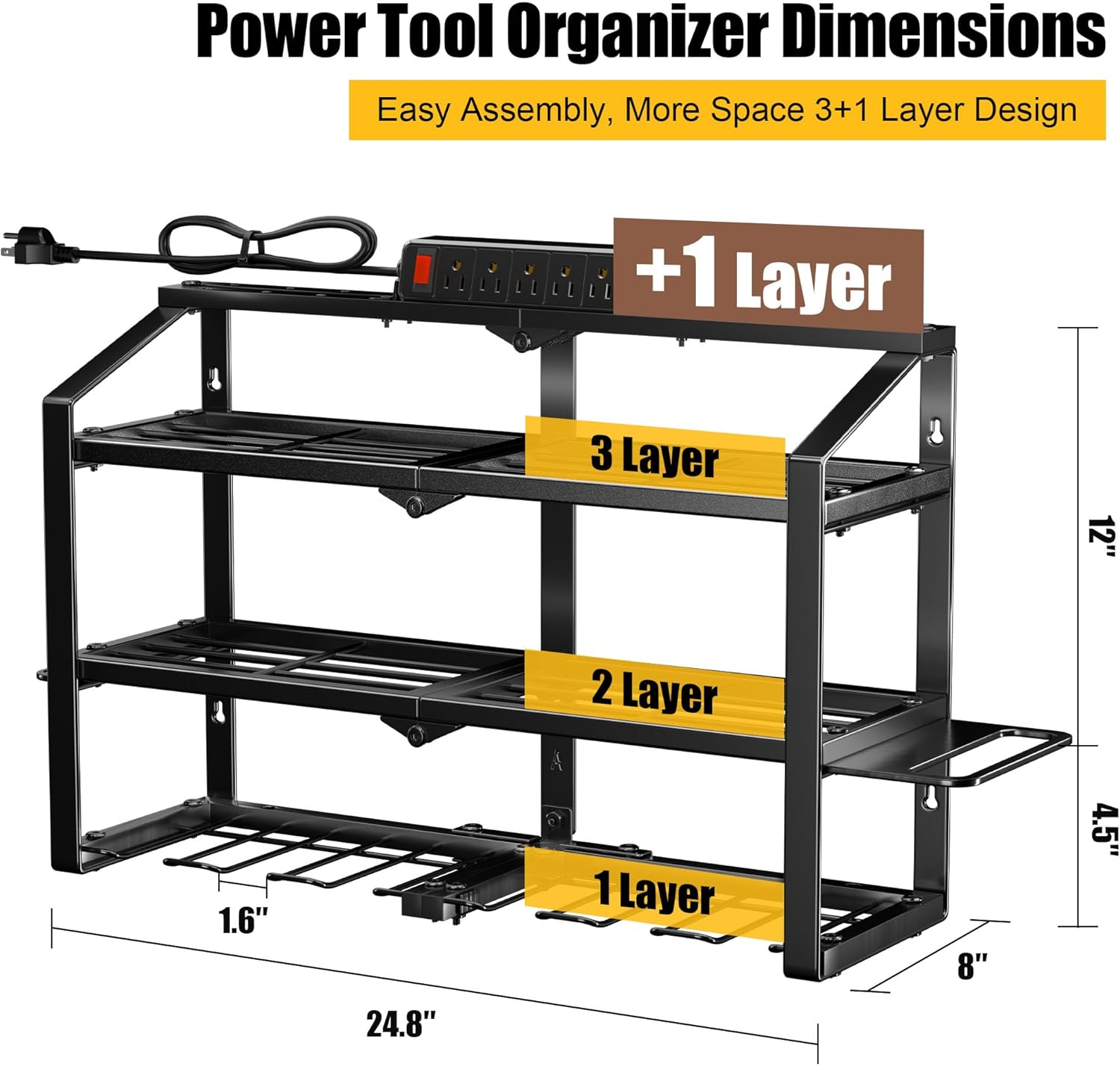 Heavy Duty Power Tool Organizer Wall Mount, 3 Layers Storage Rack with 6 Cordless Drill Holders, Garage Tool Organizer Storage for Workshop Shed