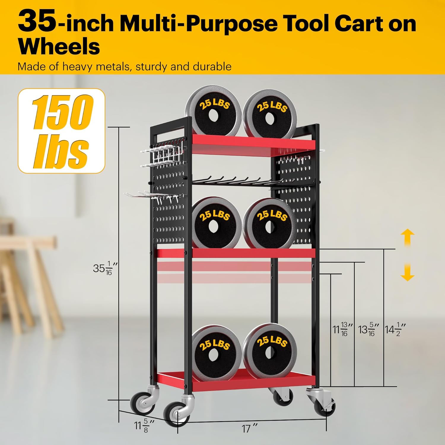 Power Tool Organizer Cart, Garage Tool Storage, Heavy Duty 4 Tier Floor Standing Rolling Shelf with Wheels, Mobile Workbench for Garage Workshop Home Repair