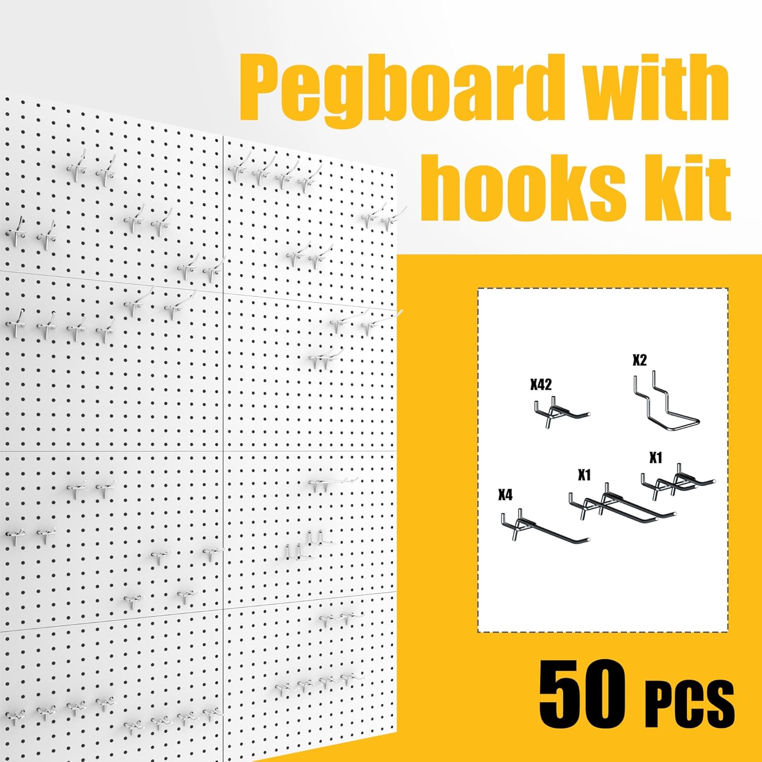 8 Pack Metal Pegboard Panels with 50 Hooks, White Pegboards Wall Organizer, Peg Board for Walls Home, Garage Tool Storage