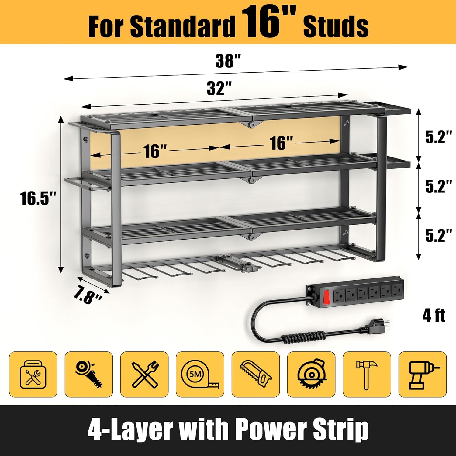 420LB Capacity Power Tool Organizer with Charging Station & 6 Outlets | Quick Assembly 4-Layer Heavy Duty Rack for Drills & Batteries