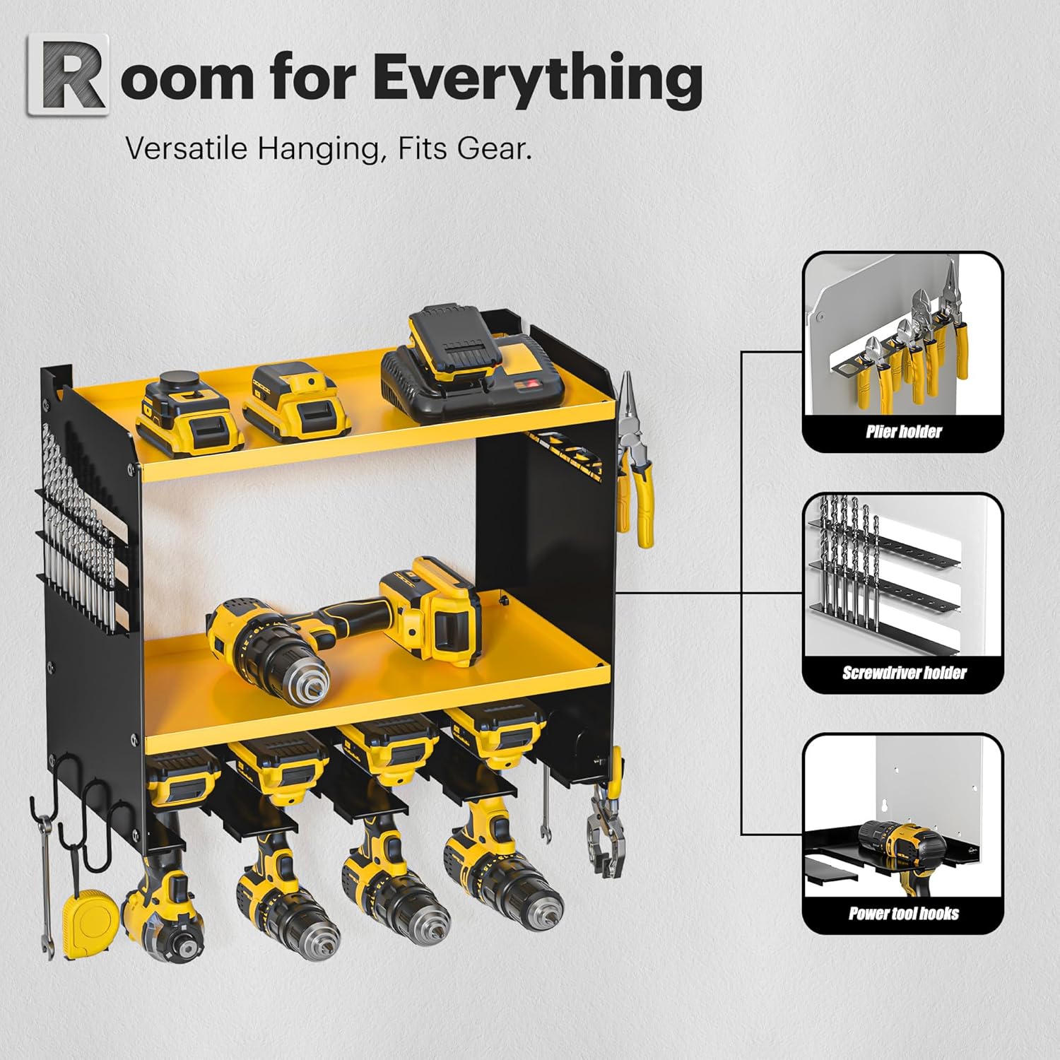 Power Tool Organizer Wall Mount, 15 Min Fast Assembly & Maximum 100lb load by Heavy Duty Metal, 4 Slots for Cordless Drill, Garage Storage Shelf with Hooks