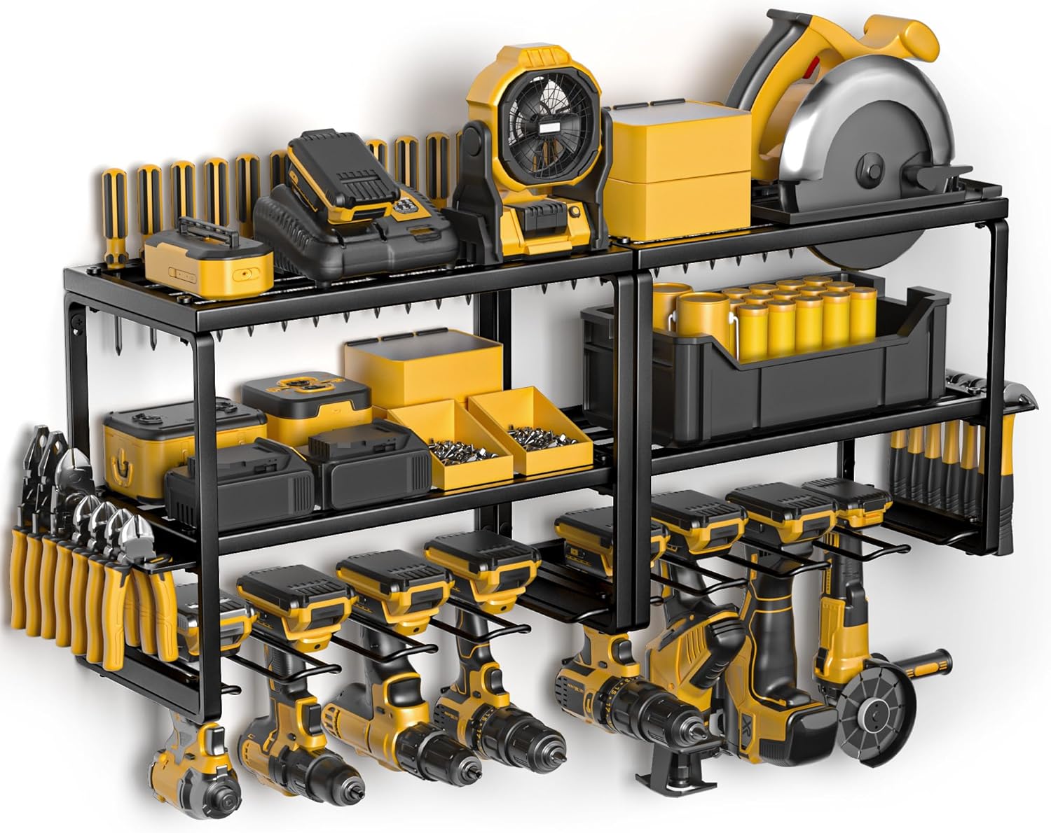 Power Tool Organizer, 8 Drill Holders Wall Mount, 3 Layer Heavy Duty Metal Storage for Garage Organization, Tools Storage with Hooks, Screwdriver Hammer Holder