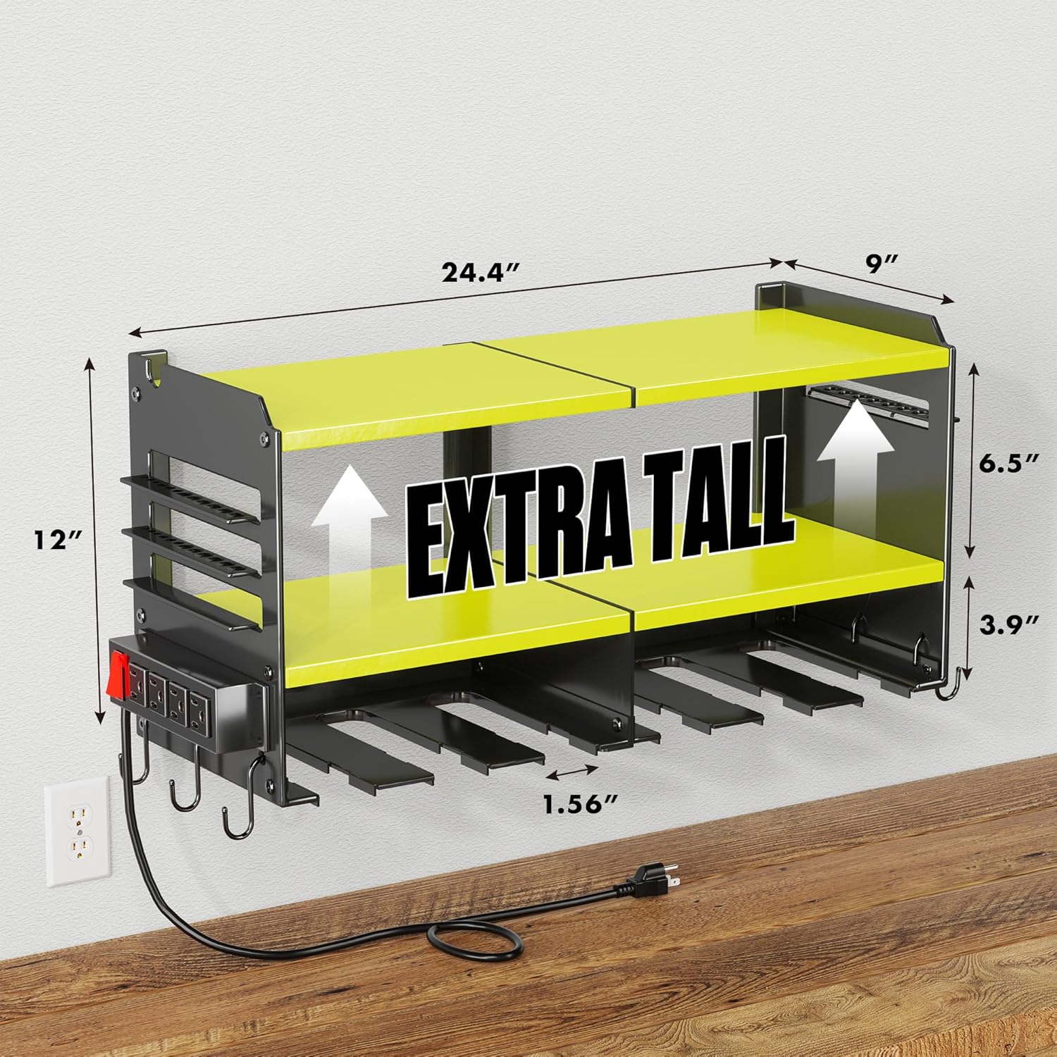 15 Min Quick Assembly & Max 420lb Load by Heavy Duty Metal, 6 Slots for Cordless Drill with 4 Outlet Power Strip