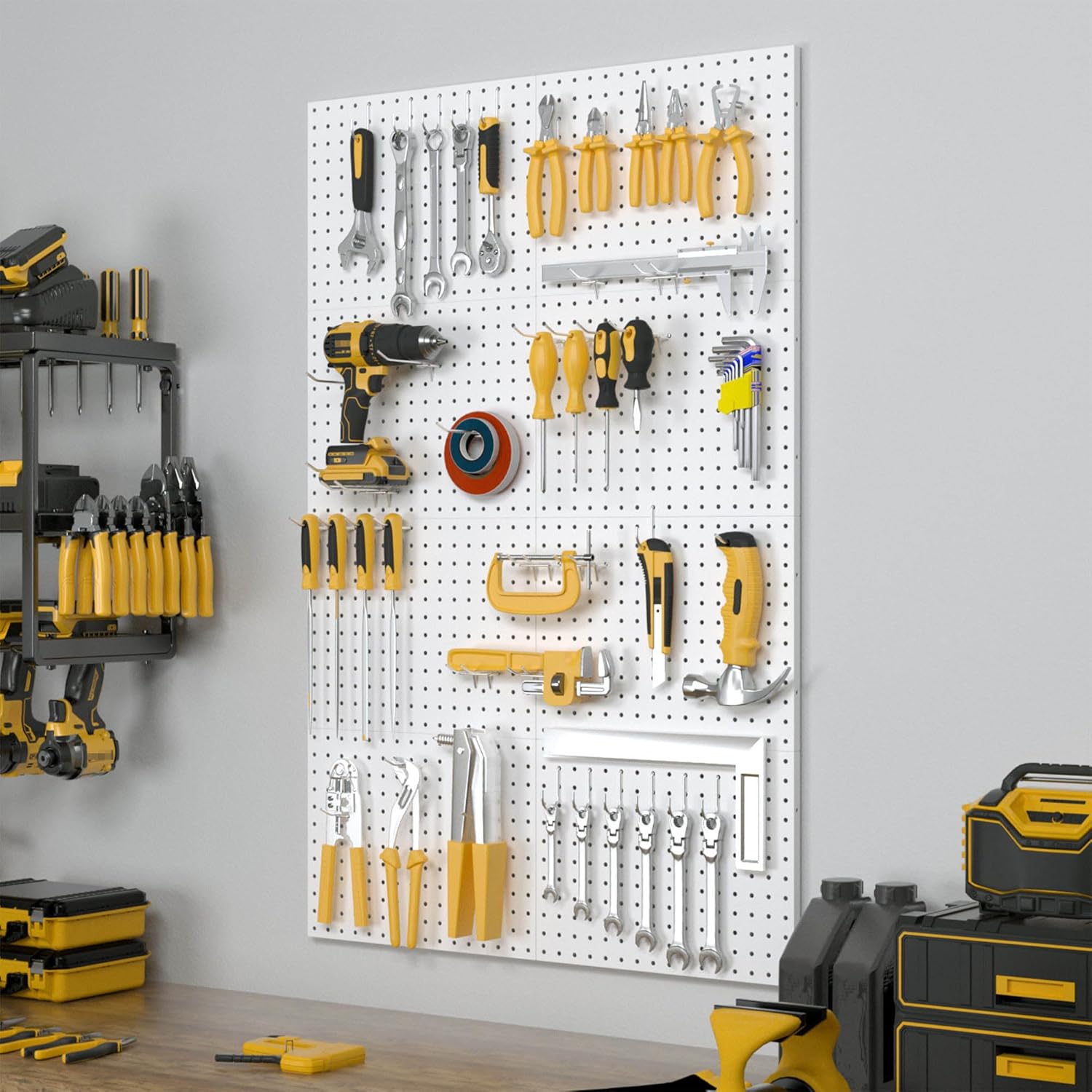 8 Pack Metal Pegboard Panels with 50 Hooks, White Pegboards Wall Organizer, Peg Board for Walls Home, Garage Tool Storage