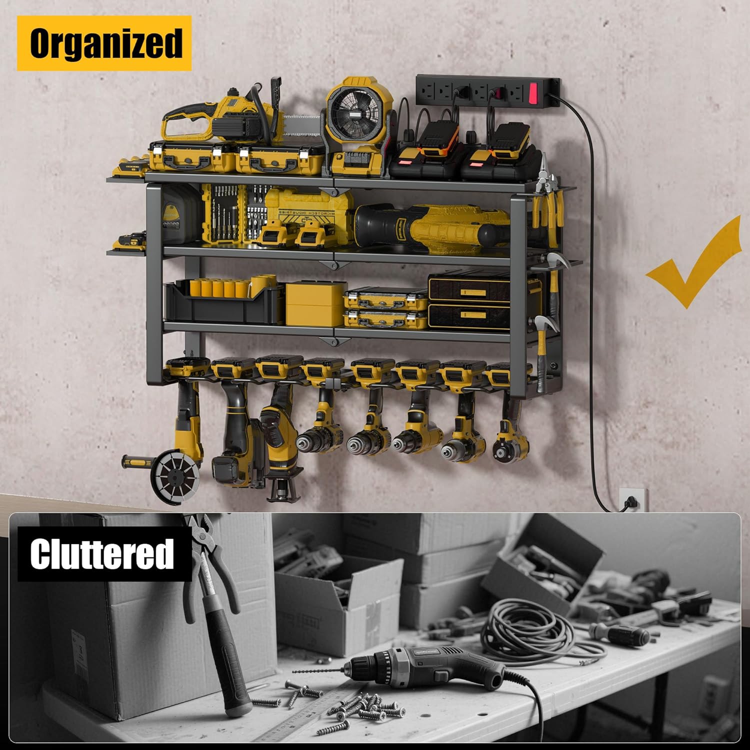 Heavy Duty 4-Tier Power Tool Organizer Wall Mount Rack, Quick Assembly Tool Wall Organizer with 8 Drill Holders & Charging Station, for Garage Workshop Shed Organization - 4 Shelves 8 Slots