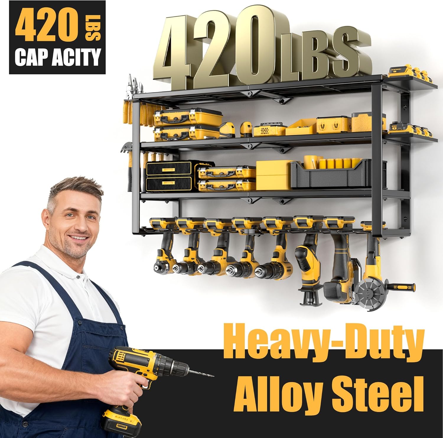 420LB Capacity Power Tool Organizer with Charging Station & 6 Outlets | Quick Assembly 4-Layer Heavy Duty Rack for Drills & Batteries