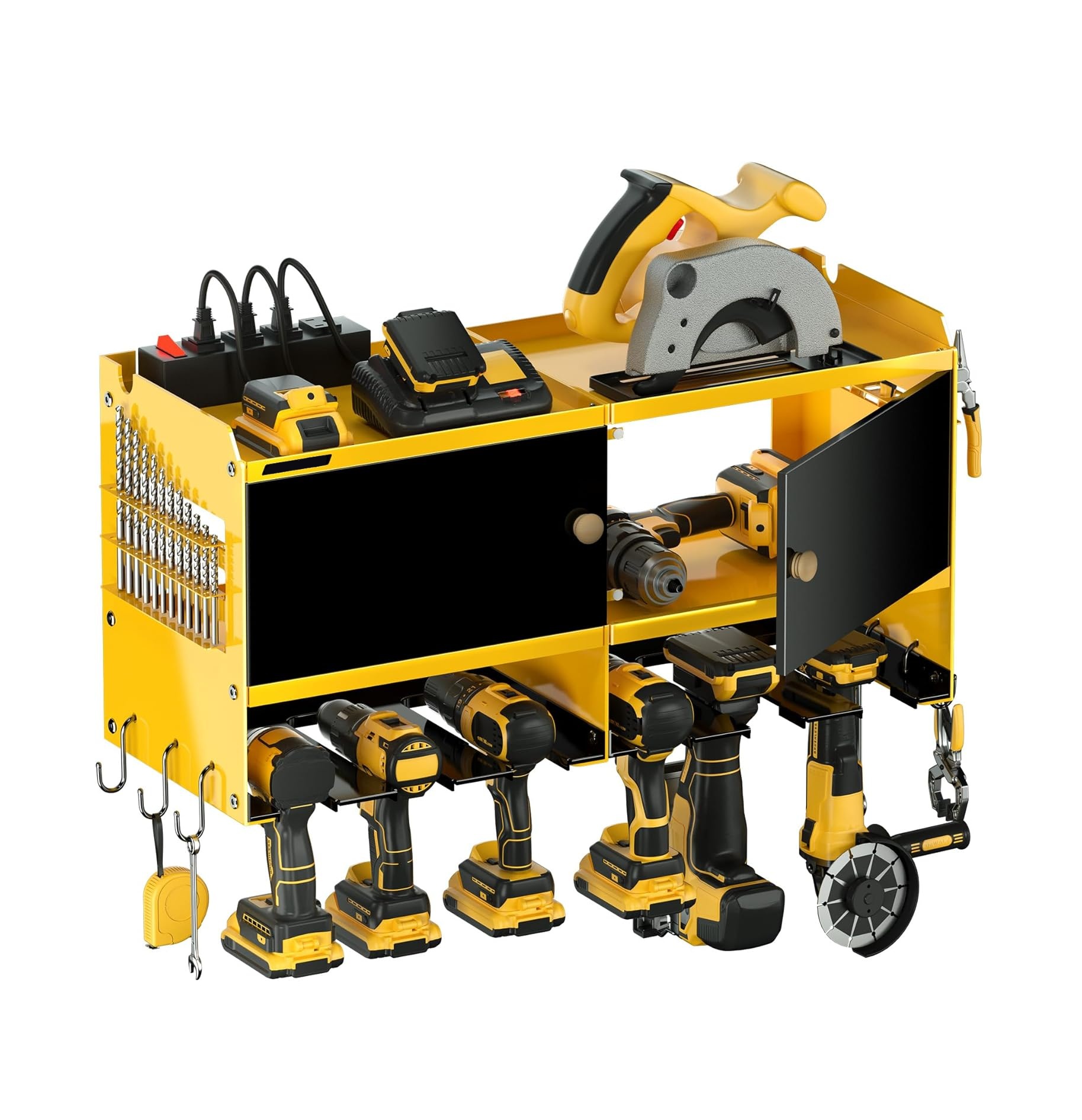 Power Tool Organizer with Charging Station, Garage Wall Mount Utility Shelf with 4 Outlet Power Strip 6 Drills Holder, Metal Storage Cabinet for Cordless Drill