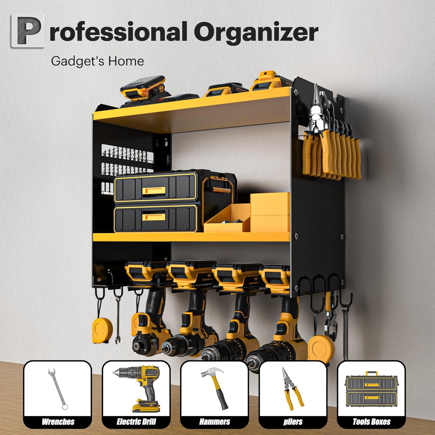 Power Tool Organizer Wall Mount, 15 Min Fast Assembly & Maximum 100lb load by Heavy Duty Metal, 4 Slots for Cordless Drill, Garage Storage Shelf with Hooks