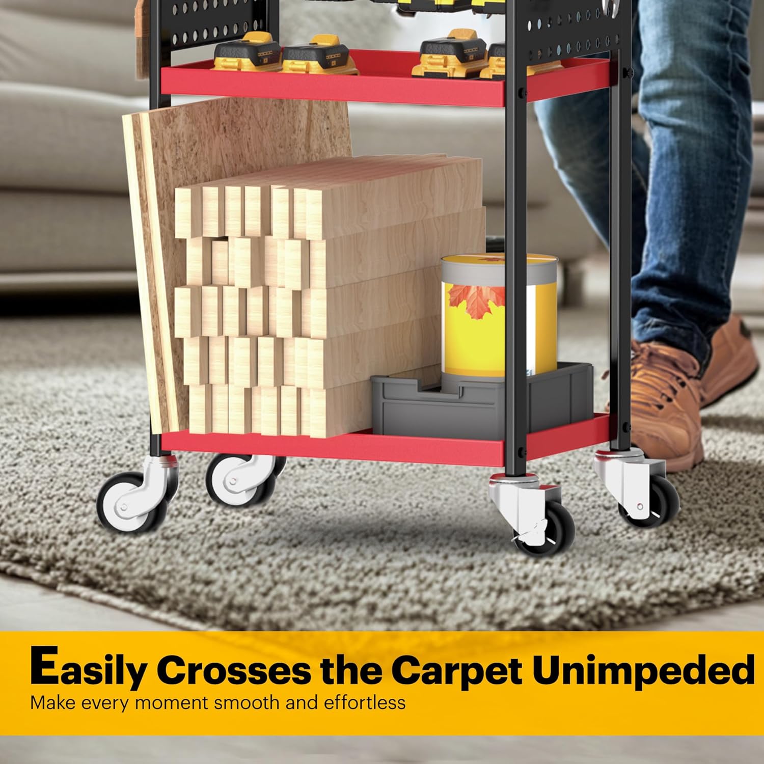 Power Tool Organizer Cart, Garage Tool Storage, Heavy Duty 4 Tier Floor Standing Rolling Shelf with Wheels, Mobile Workbench for Garage Workshop Home Repair