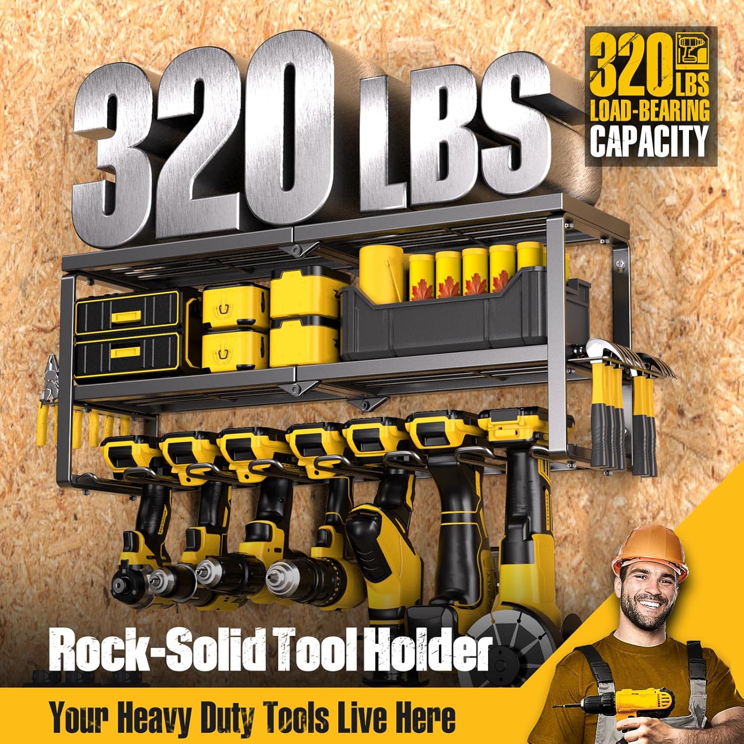 Power Tool Organizer, 8 Drill Holders Wall Mount, 3 Layer Heavy Duty Metal Storage for Garage Organization, Tools Storage with Hooks, Screwdriver Hammer Holder