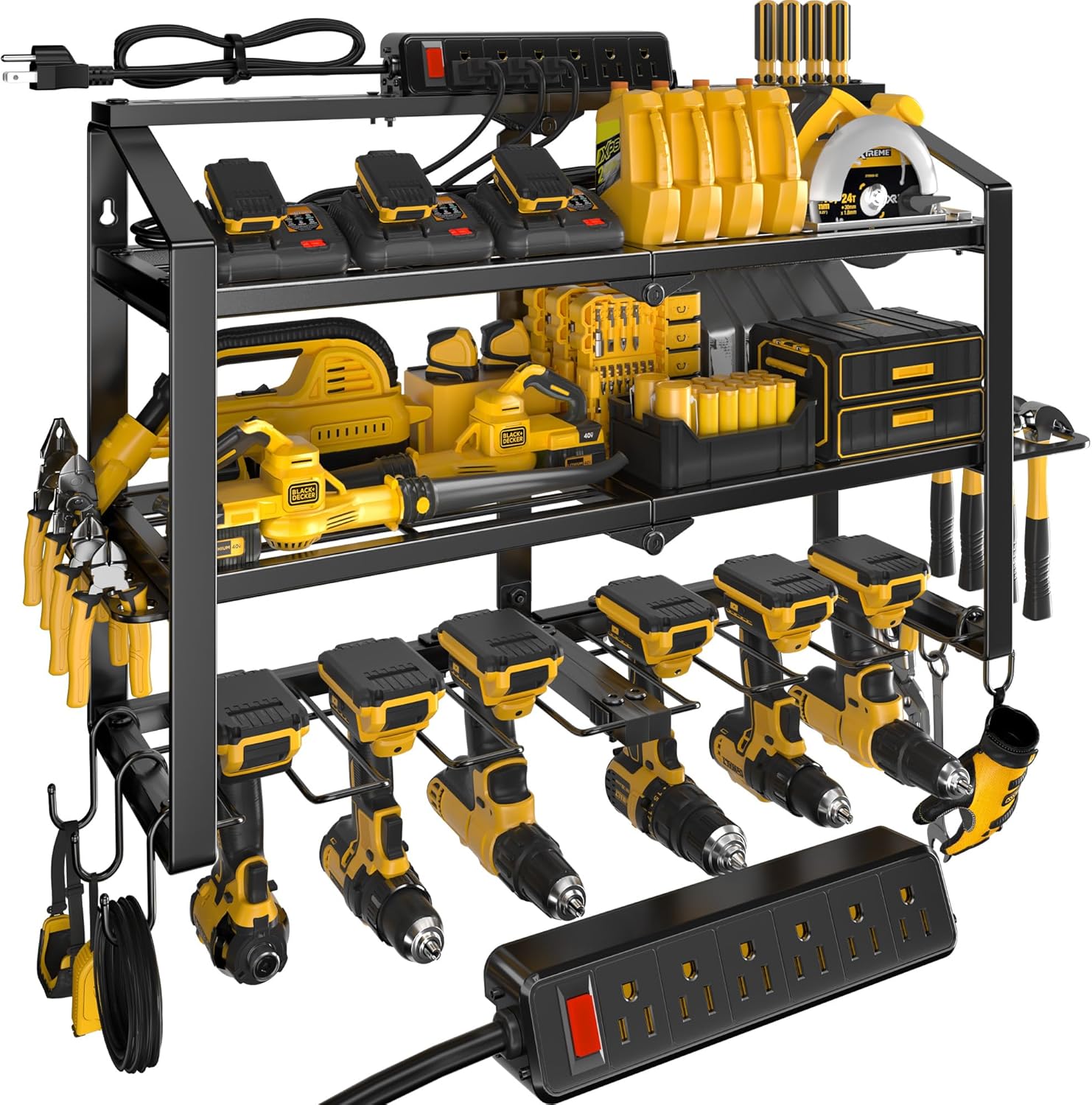Heavy Duty Power Tool Organizer Wall Mount, 3 Layers Storage Rack with 6 Cordless Drill Holders, Garage Tool Organizer Storage for Workshop Shed
