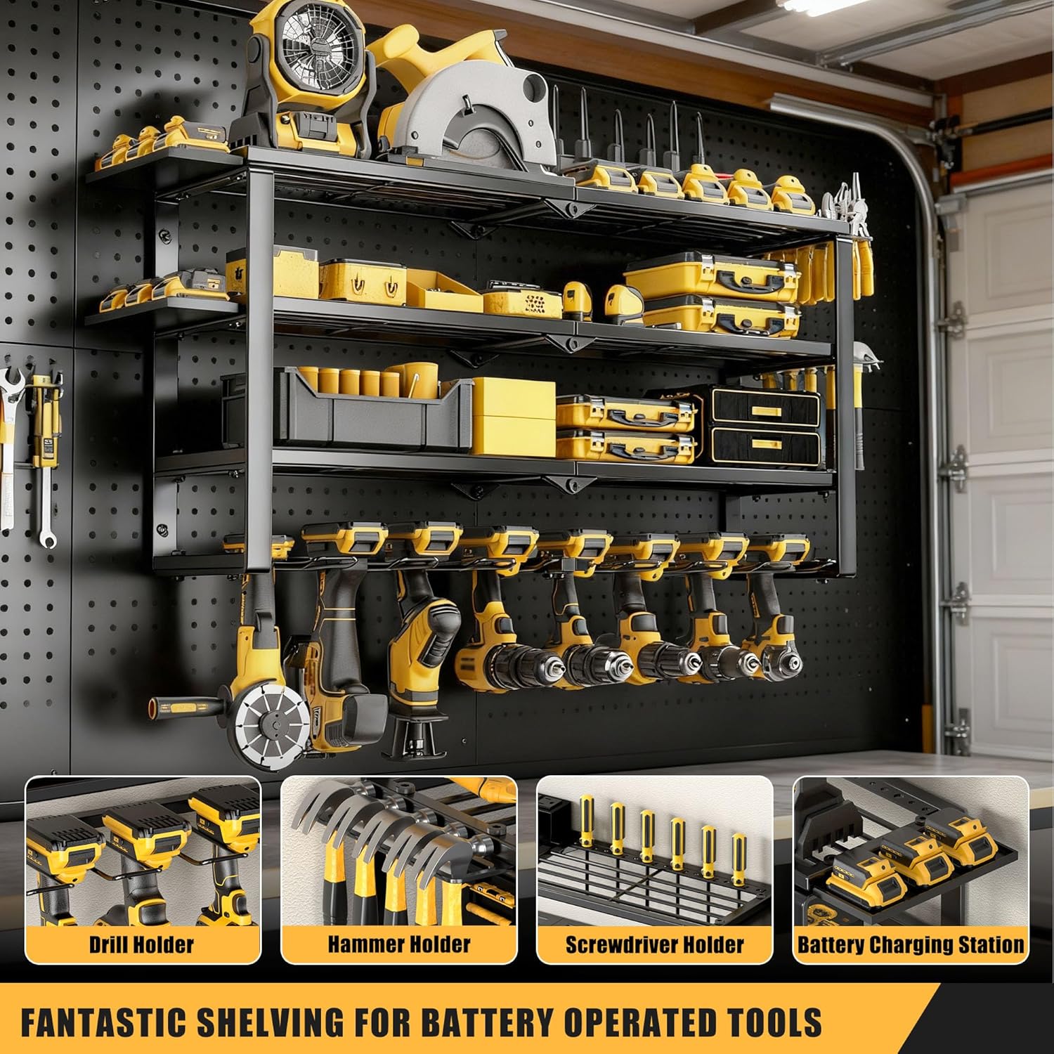 420LB Capacity Power Tool Organizer with Charging Station & 6 Outlets | Quick Assembly 4-Layer Heavy Duty Rack for Drills & Batteries