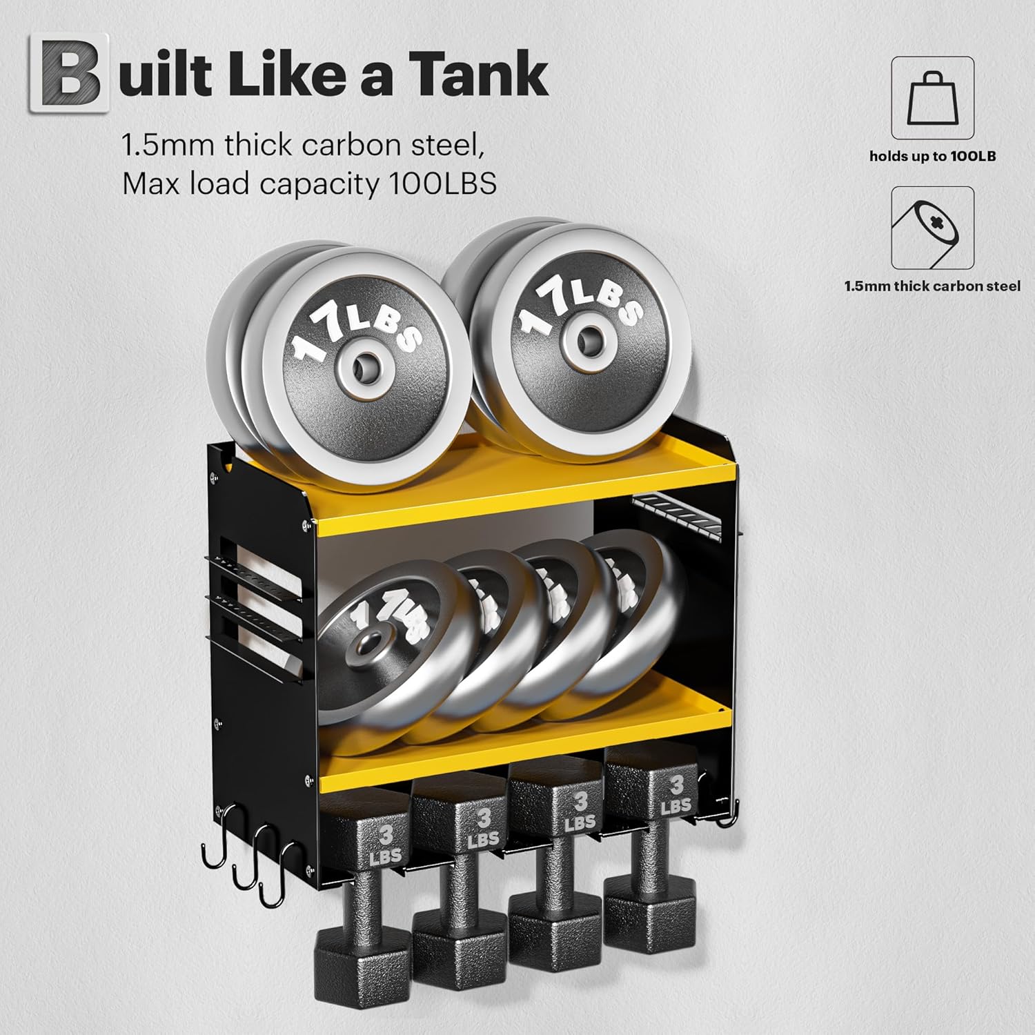 Power Tool Organizer Wall Mount, 15 Min Fast Assembly & Maximum 100lb load by Heavy Duty Metal, 4 Slots for Cordless Drill, Garage Storage Shelf with Hooks