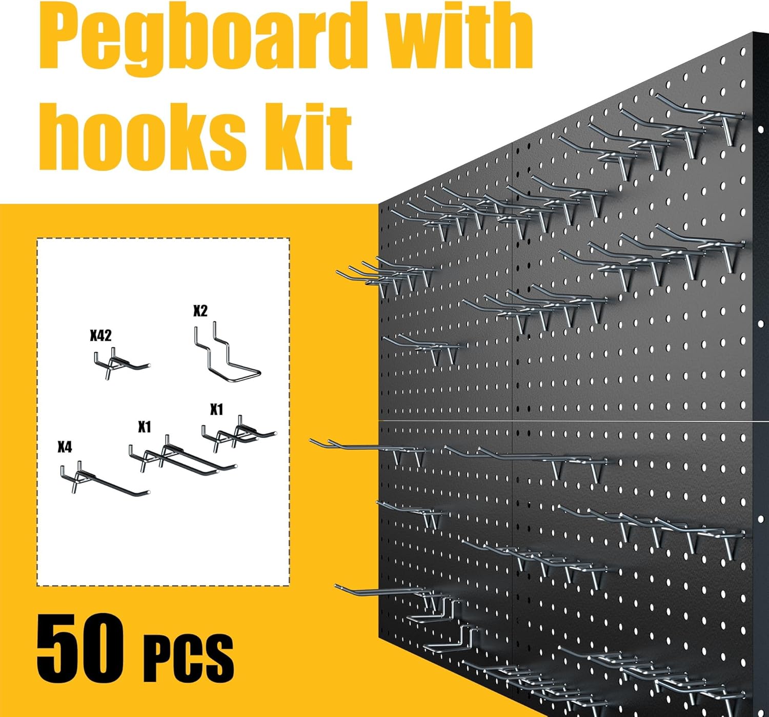 4 Pack Metal Pegboard Panels with 50 Hooks, Black Pegboards Wall Organizer, Heavy Duty Peg Board for Walls Home