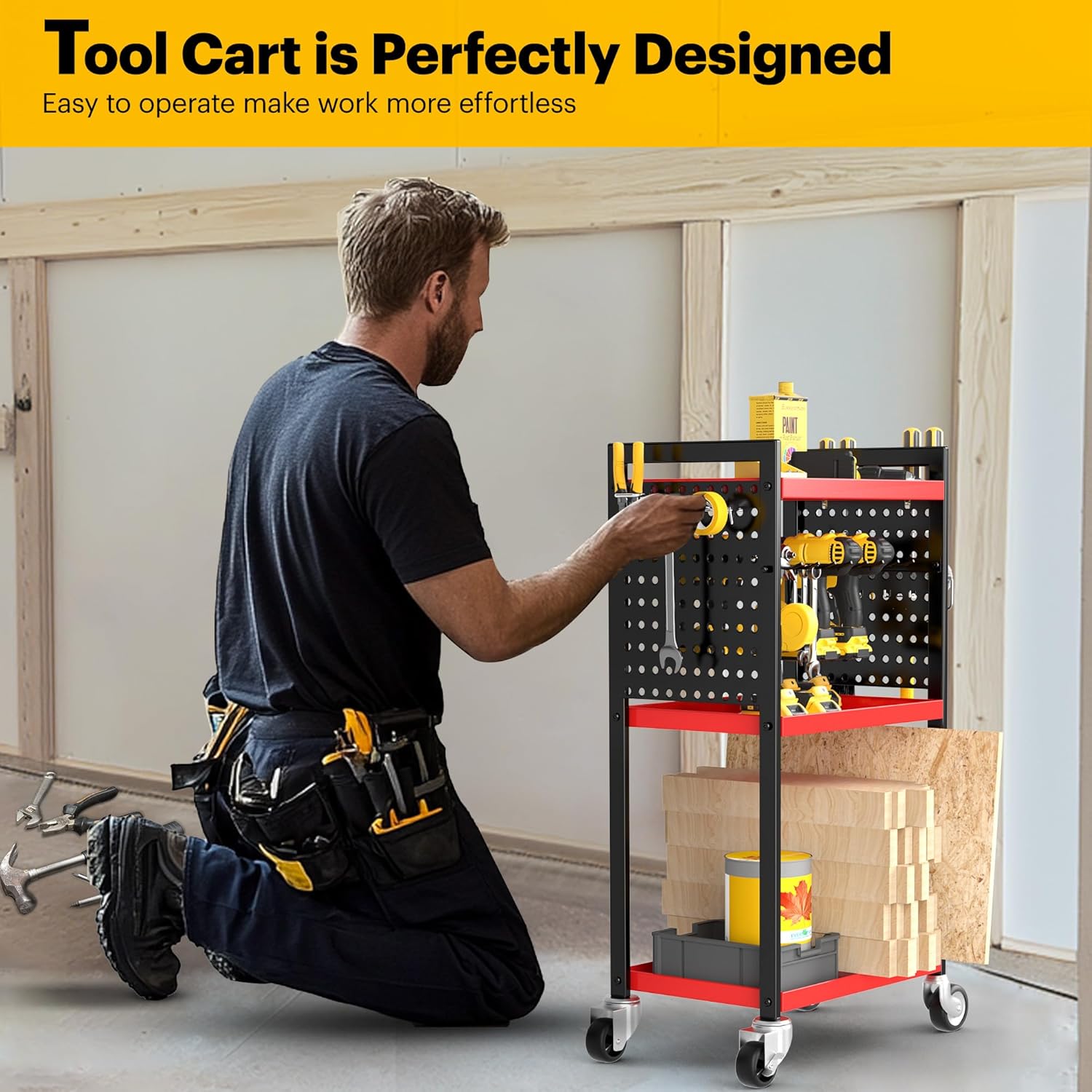 Power Tool Organizer Cart, Garage Tool Storage, Heavy Duty 4 Tier Floor Standing Rolling Shelf with Wheels, Mobile Workbench for Garage Workshop Home Repair