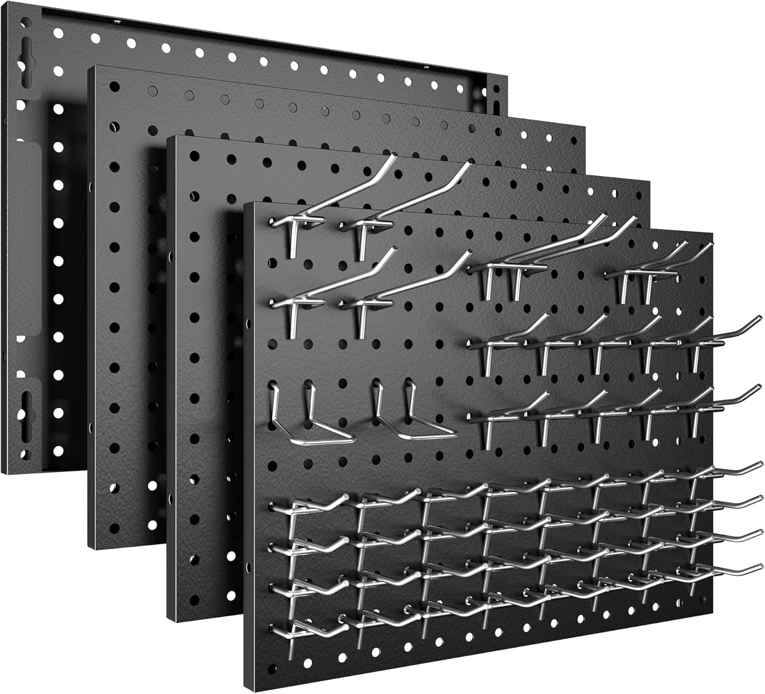 4 Pack Metal Pegboard Panels with 50 Hooks, Black Pegboards Wall Organizer, Heavy Duty Peg Board for Walls Home