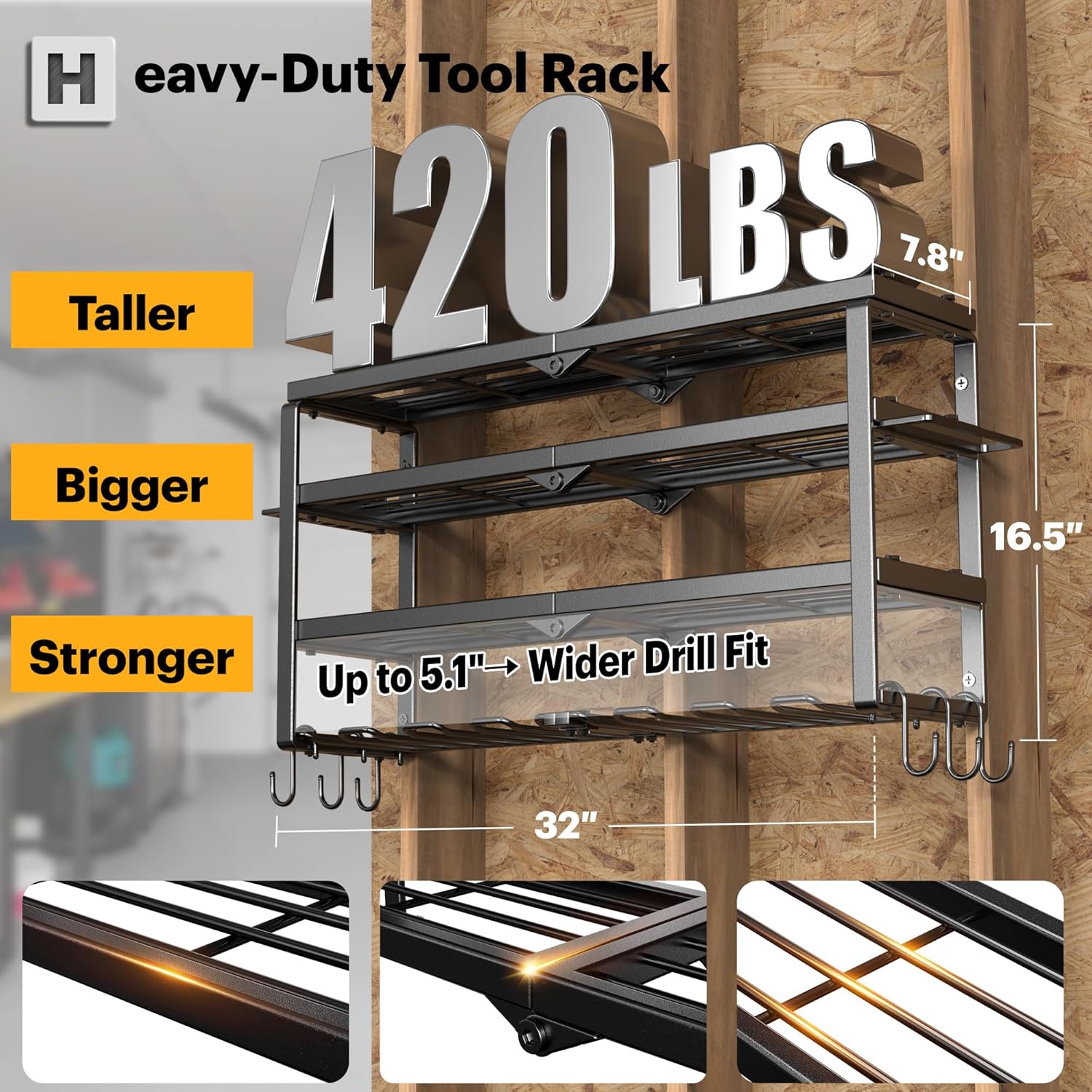 Power Tool Organizer Wall Mount, 15 Min Assembly & Maximum 150lb load by Heavy Duty Metal, 4/6/8 Drill Holder, 4 Layers Garage organization and Tool Storage