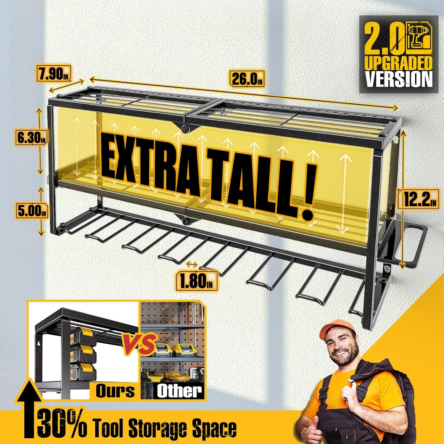 Power Tool Organizer, 8 Drill Holders Wall Mount, 3 Layer Heavy Duty Metal Storage for Garage Organization, Tools Storage with Hooks, Screwdriver Hammer Holder