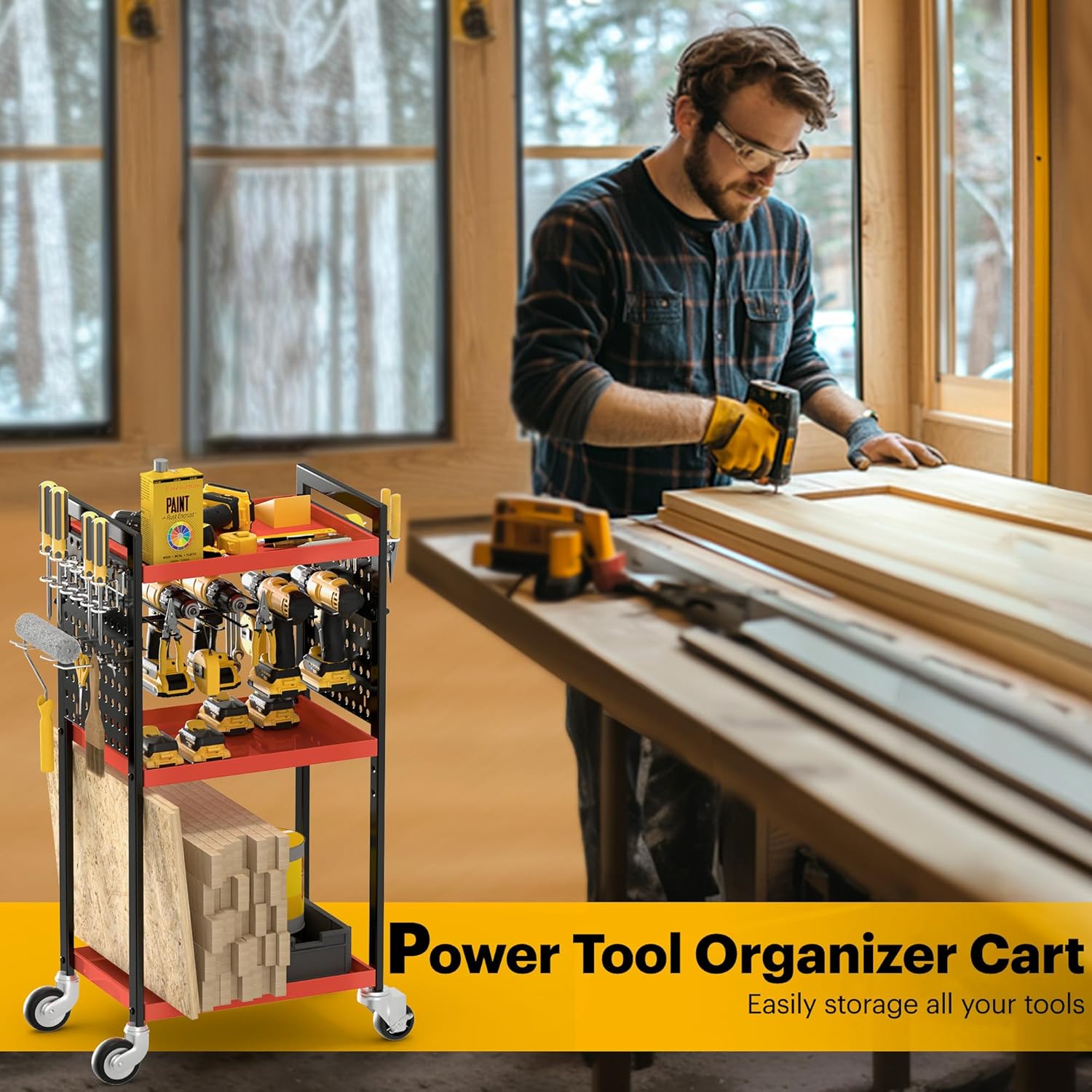 Power Tool Organizer Cart, Garage Tool Storage, Heavy Duty 4 Tier Floor Standing Rolling Shelf with Wheels, Mobile Workbench for Garage Workshop Home Repair