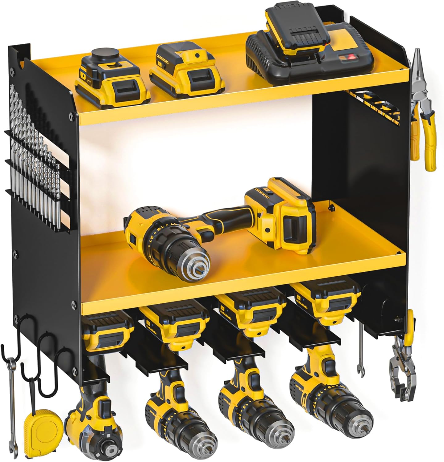 Power Tool Organizer Wall Mount, 15 Min Fast Assembly & Maximum 100lb load by Heavy Duty Metal, 4 Slots for Cordless Drill, Garage Storage Shelf with Hooks