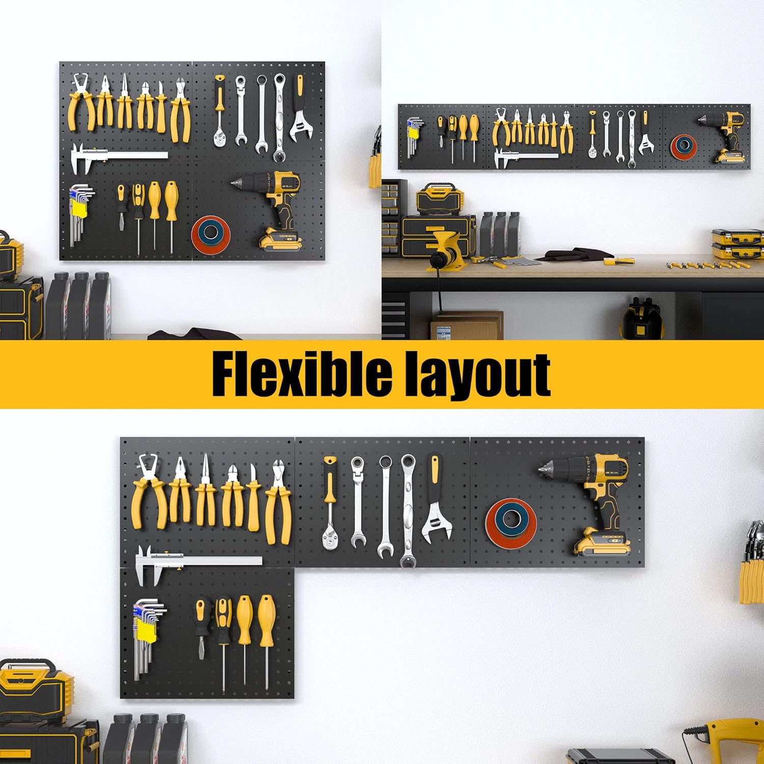 4 Pack Metal Pegboard Panels with 50 Hooks, Black Pegboards Wall Organizer, Heavy Duty Peg Board for Walls Home