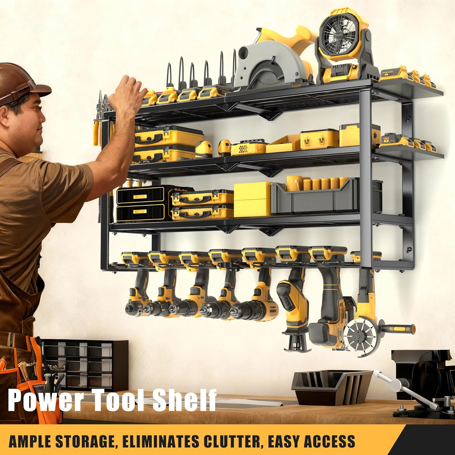 420LB Capacity Power Tool Organizer with Charging Station & 6 Outlets | Quick Assembly 4-Layer Heavy Duty Rack for Drills & Batteries