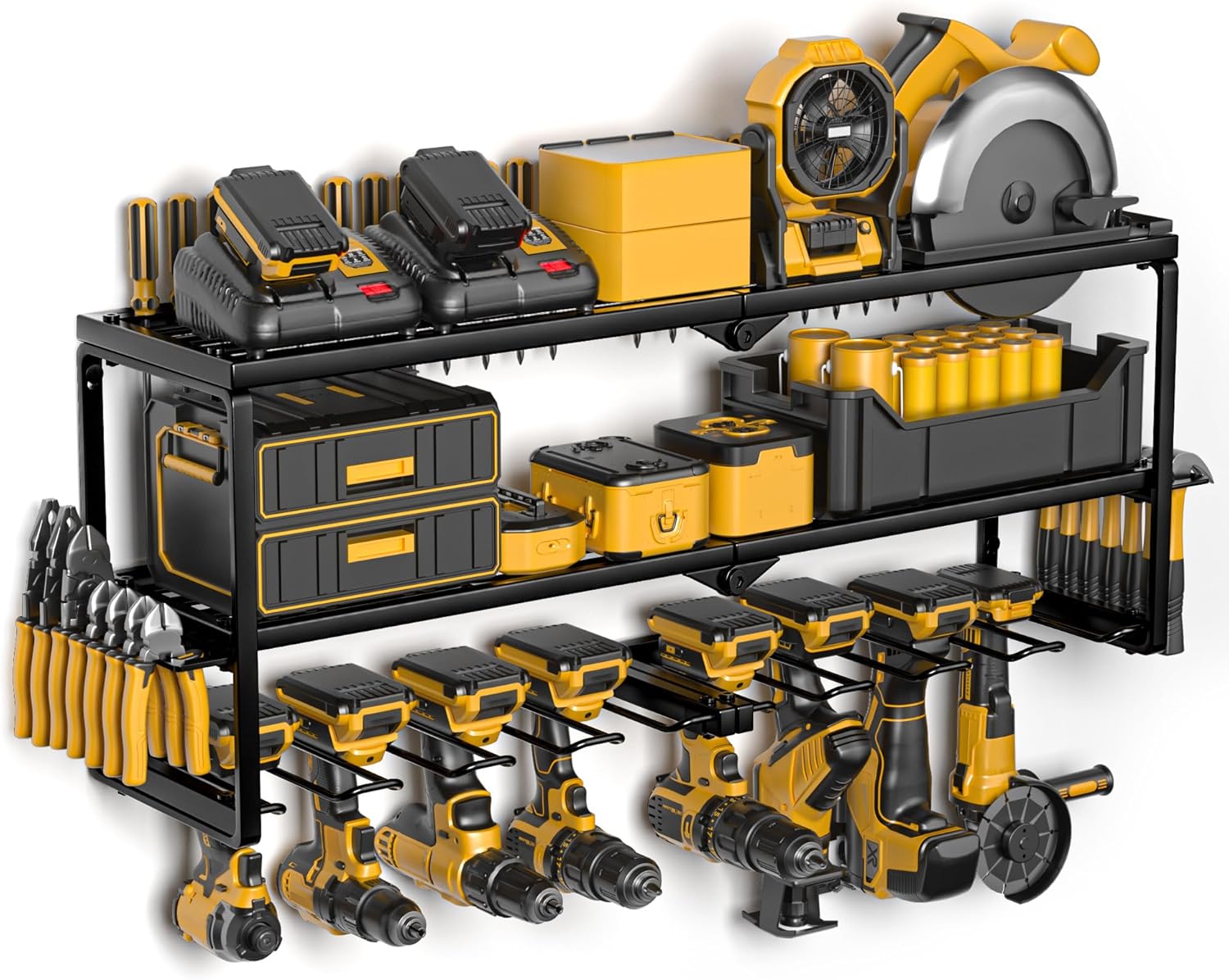 Power Tool Organizer, 8 Drill Holders Wall Mount, 3 Layer Heavy Duty Metal Storage for Garage Organization, Tools Storage with Hooks, Screwdriver Hammer Holder