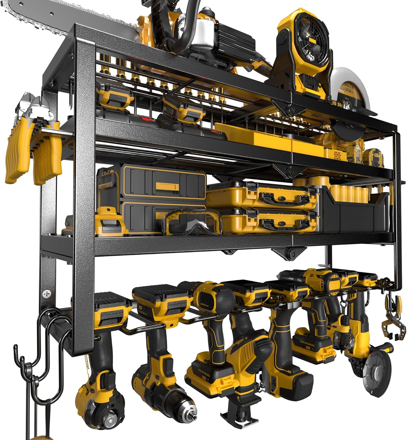 Power Tool Organizer Wall Mount, 15 Min Assembly & Maximum 150lb load by Heavy Duty Metal, 4/6/8 Drill Holder, 4 Layers Garage organization and Tool Storage