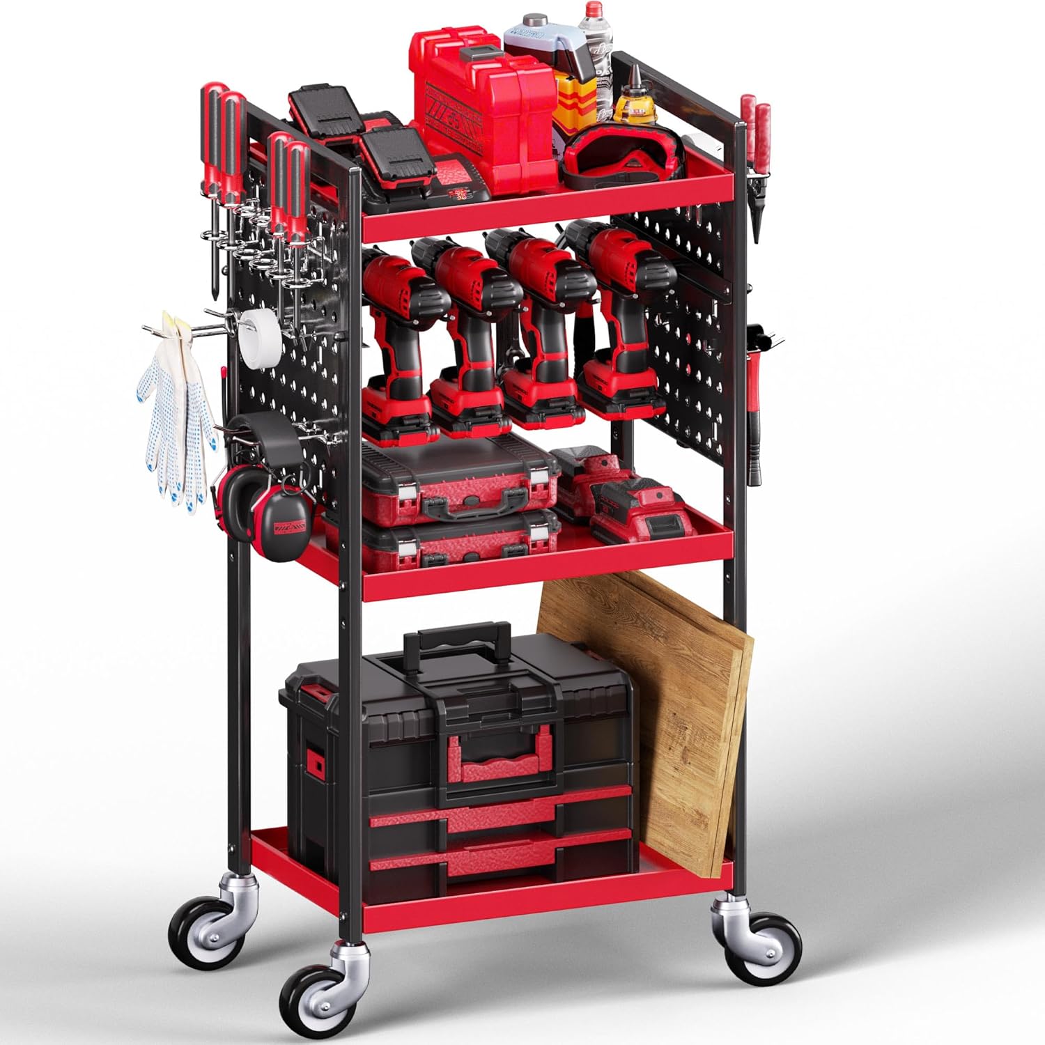 Power Tool Organizer Cart, Garage Tool Storage, Heavy Duty 4 Tier Floor Standing Rolling Shelf with Wheels, Mobile Workbench for Garage Workshop Home Repair