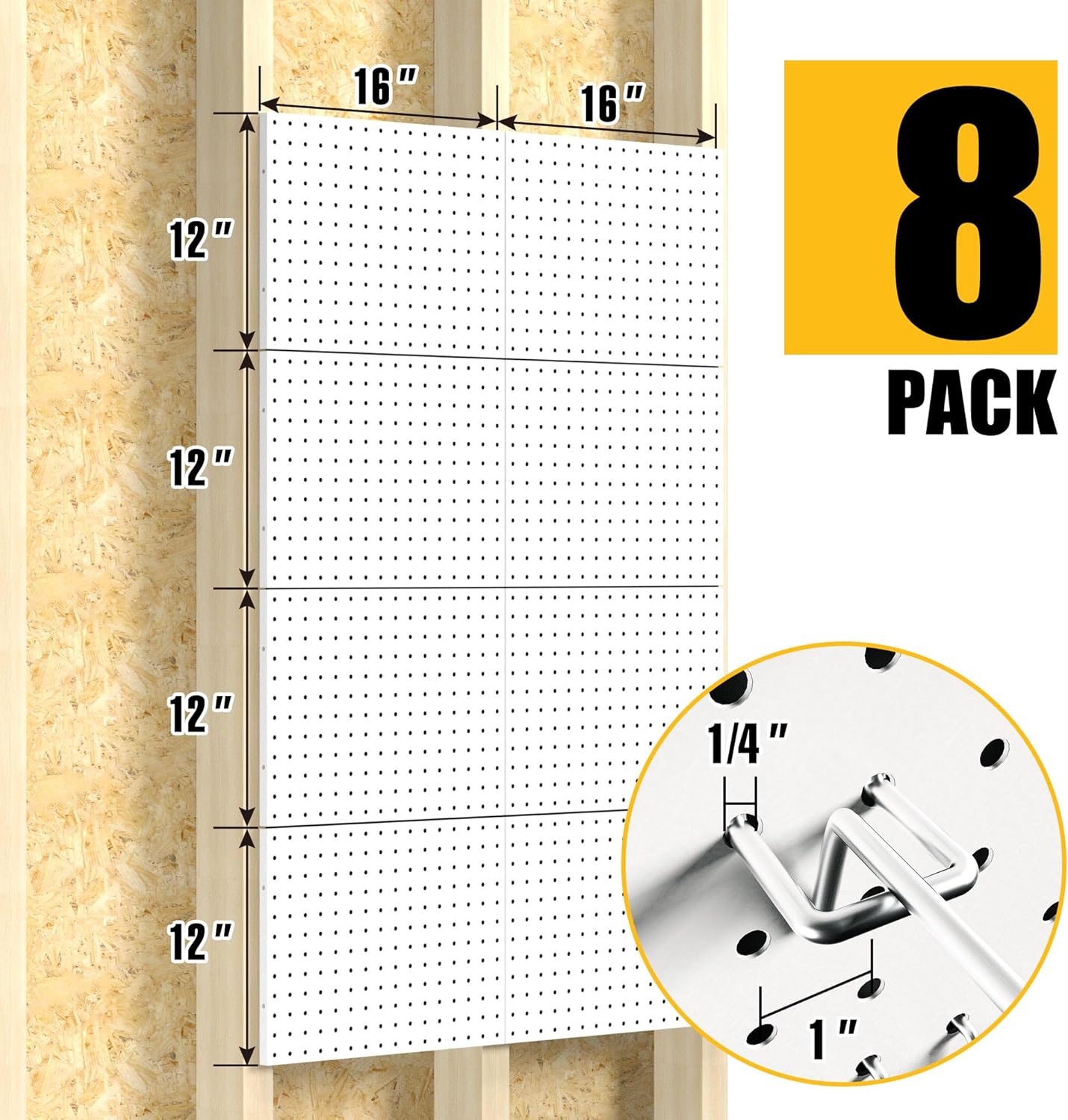 8 Pack Metal Pegboard Panels with 50 Hooks, White Pegboards Wall Organizer, Peg Board for Walls Home, Garage Tool Storage