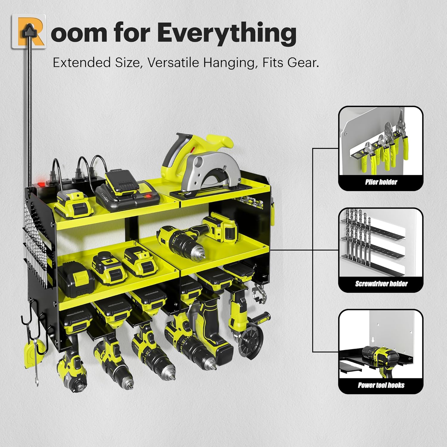 15 Min Quick Assembly & Max 420lb Load by Heavy Duty Metal, 6 Slots for Cordless Drill with 4 Outlet Power Strip