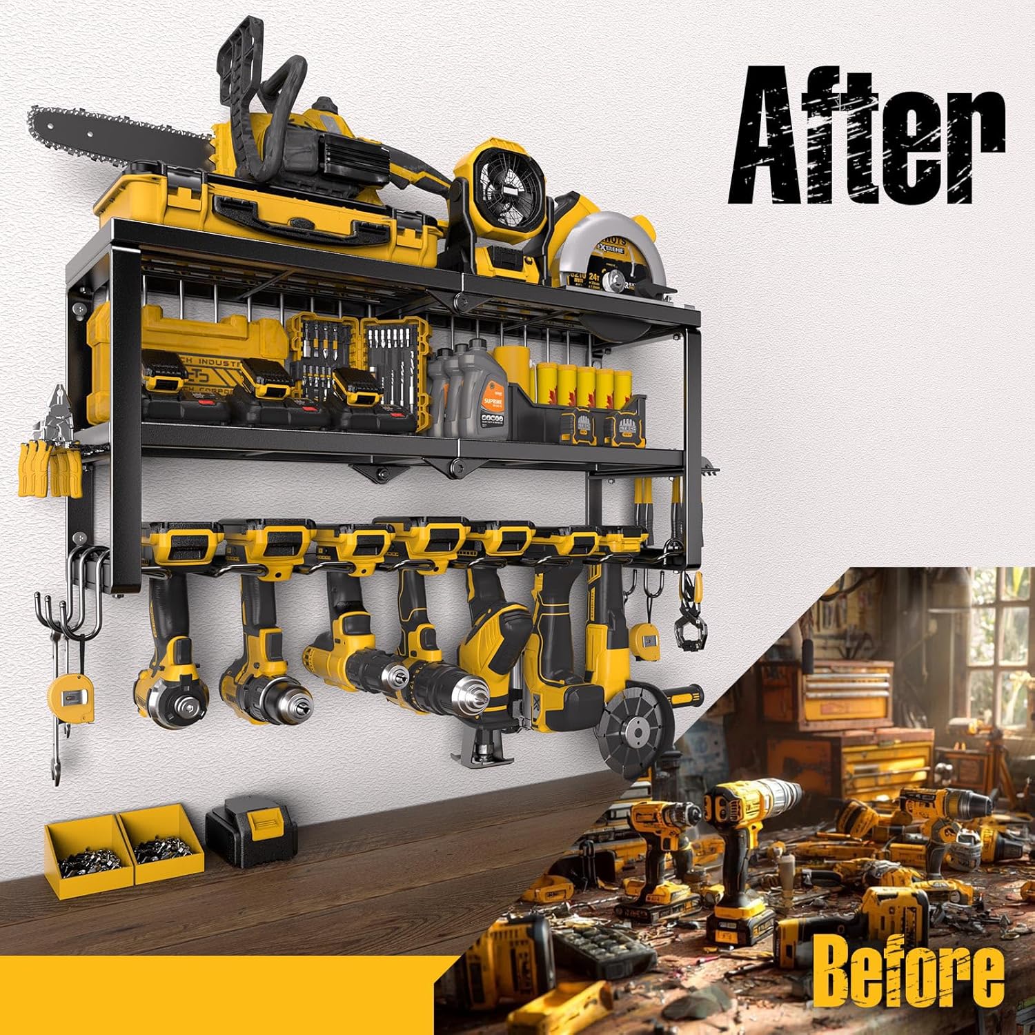 Power Tool Organizer, 8 Drill Holders Wall Mount, 3 Layer Heavy Duty Metal Storage for Garage Organization, Tools Storage with Hooks, Screwdriver Hammer Holder