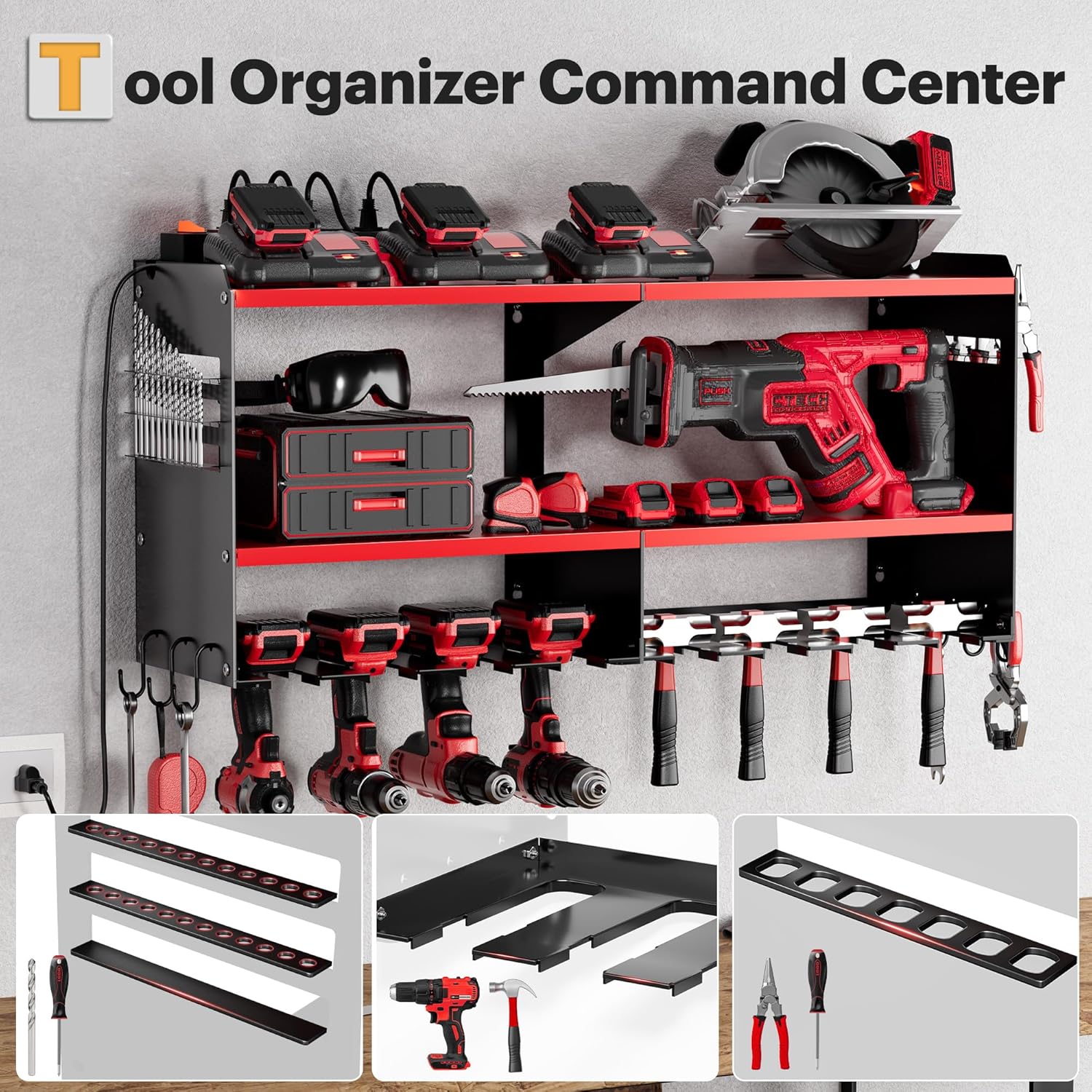 Power Tool Organizer Wall Mount with Charging Station, 15 Min Assembly & Maximum 420lbs Load by Heavy Duty Metal, 8 Slots for Cordless Drill, Tool Battery Holder with 6 Outlet Power Strip