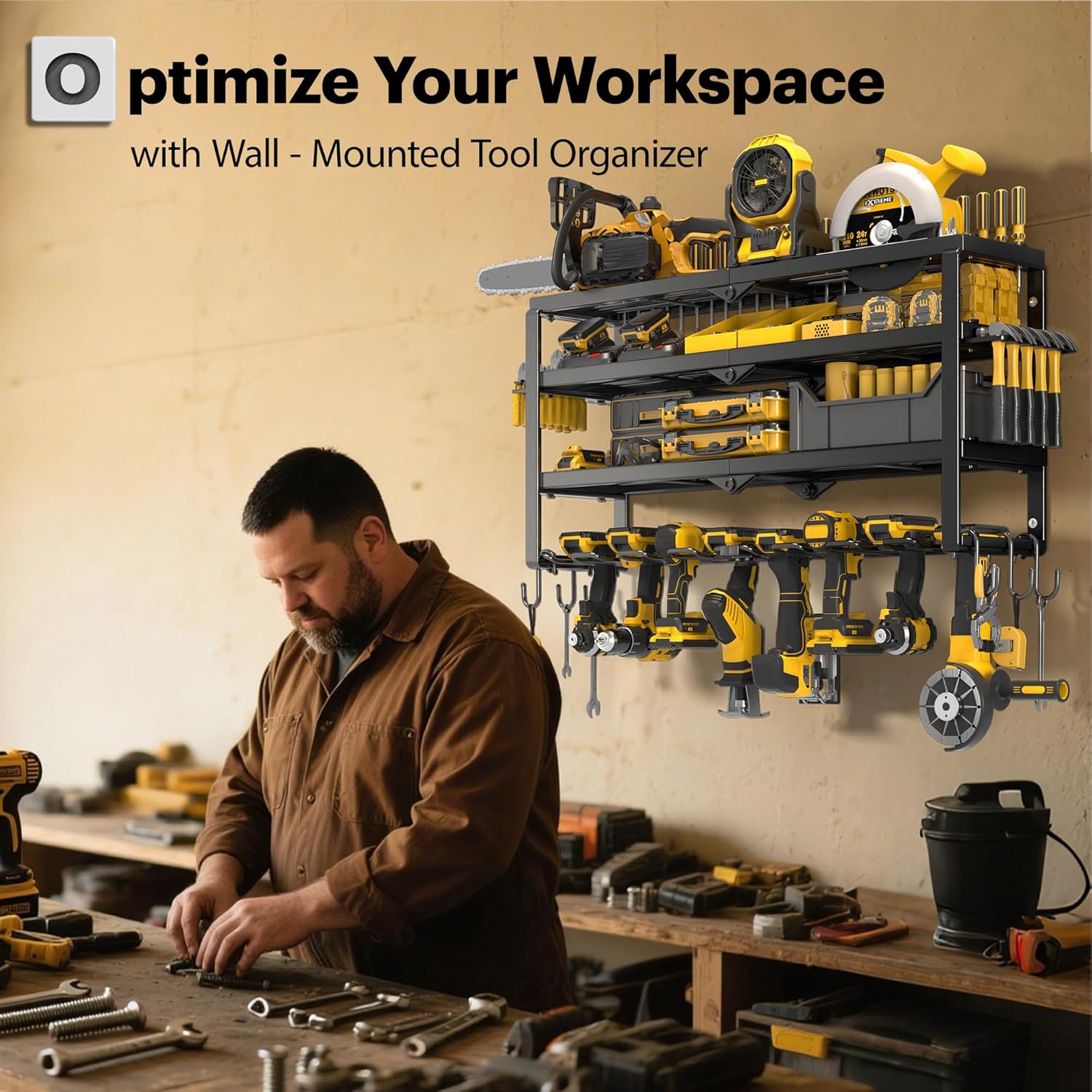 Power Tool Organizer Wall Mount, 15 Min Assembly & Maximum 150lb load by Heavy Duty Metal, 4/6/8 Drill Holder, 4 Layers Garage organization and Tool Storage