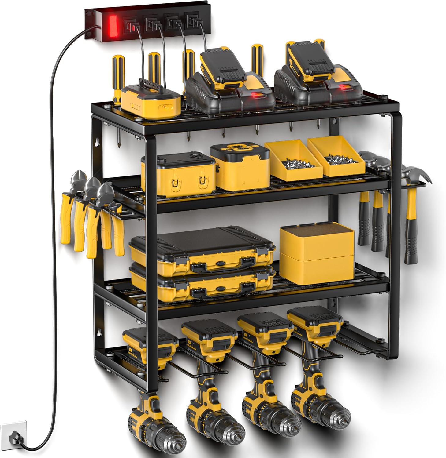 Power Tool Organizer Wall Mount with Charging Station, 4 Drill Holders and 4 Layers Garage Organization, Tool Battery Holder with 4 Outlet Power Strip, Tool Storage for Workshop Pegboard