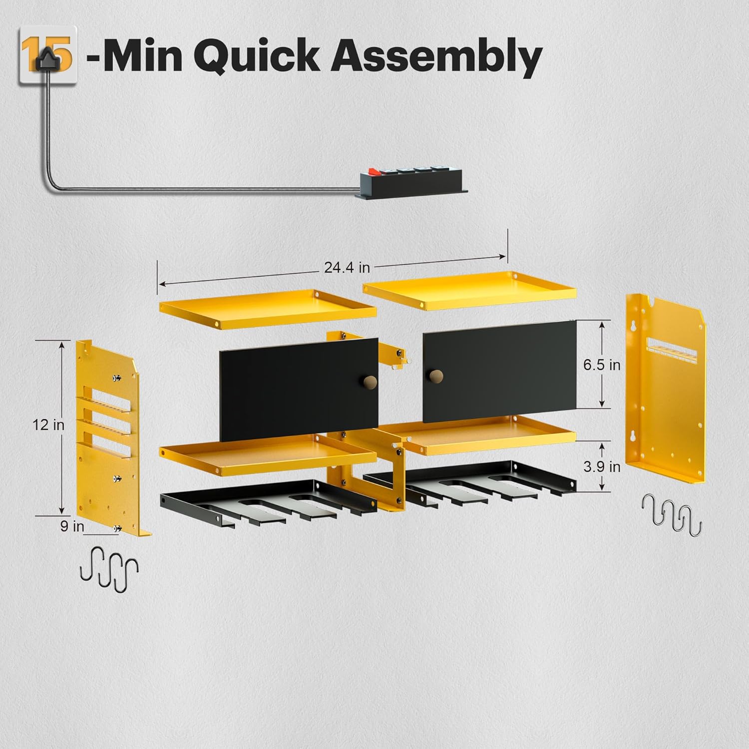 Power Tool Organizer with Charging Station, Garage Wall Mount Utility Shelf with 4 Outlet Power Strip 6 Drills Holder, Metal Storage Cabinet for Cordless Drill