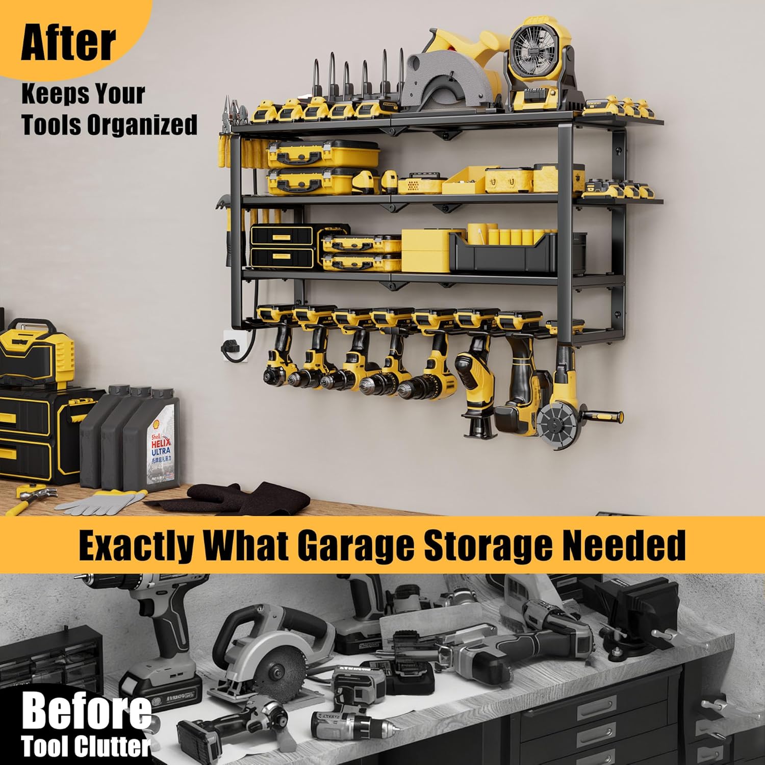 420LB Capacity Power Tool Organizer with Charging Station & 6 Outlets | Quick Assembly 4-Layer Heavy Duty Rack for Drills & Batteries