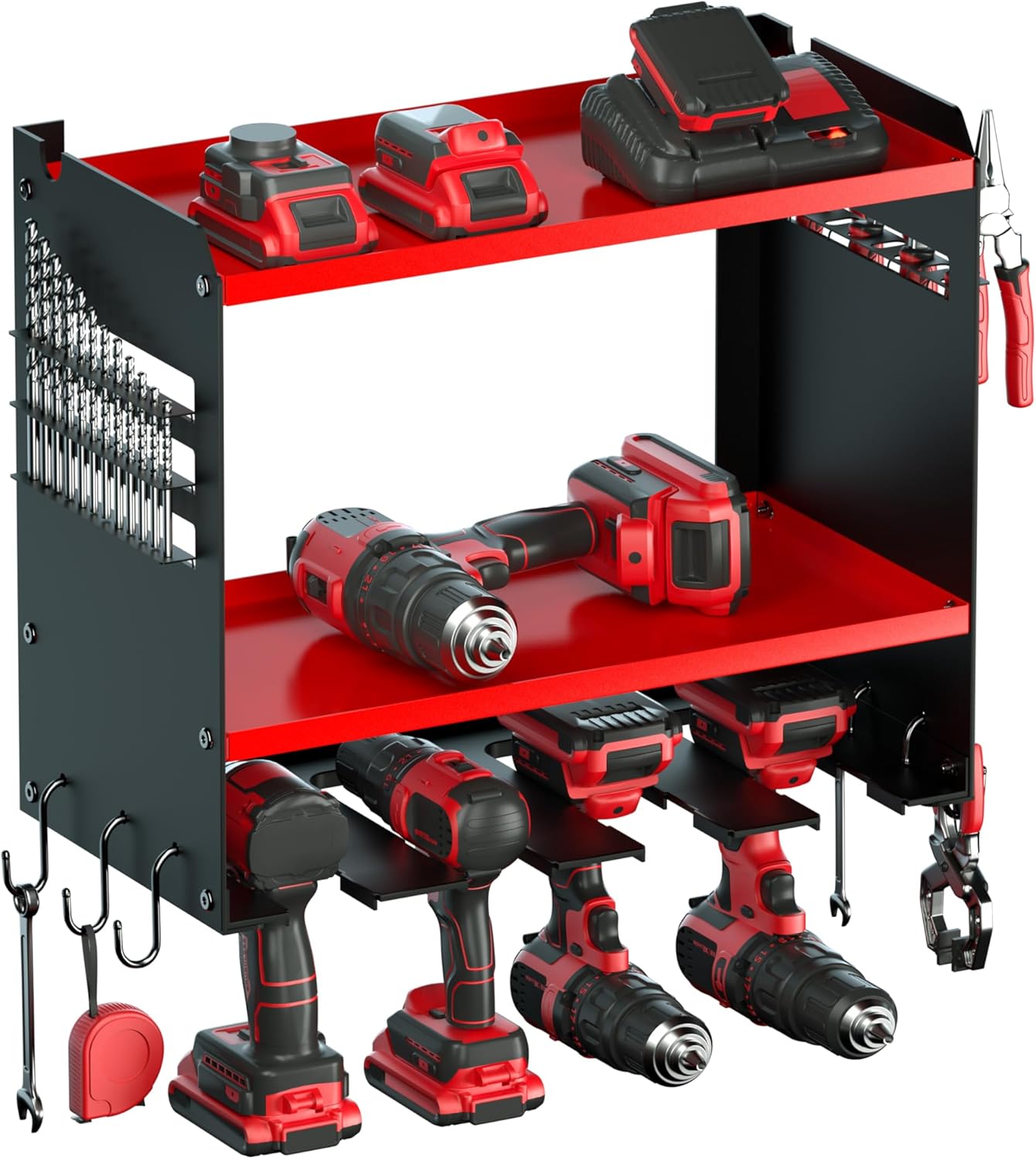 Power Tool Organizer Wall Mount, 15 Min Fast Assembly & Maximum 100lb load by Heavy Duty Metal, 4 Slots for Cordless Drill, Garage Storage Shelf with Hooks