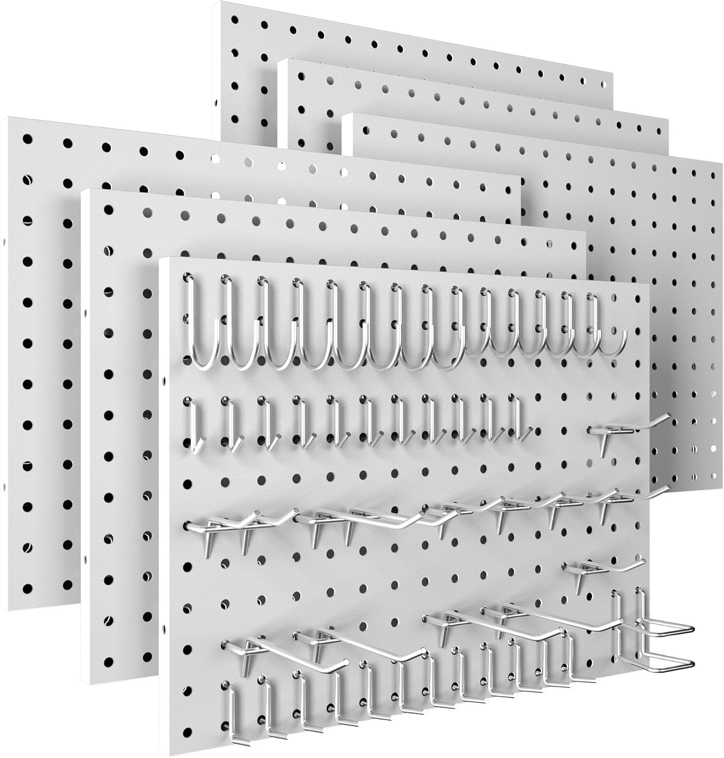 6 Pack Metal Pegboard Panels White Pegboards Wall Organizer with 50 Hooks, Heavy Duty Peg Board for Walls Home, Garage Tool Storage, Office Organization