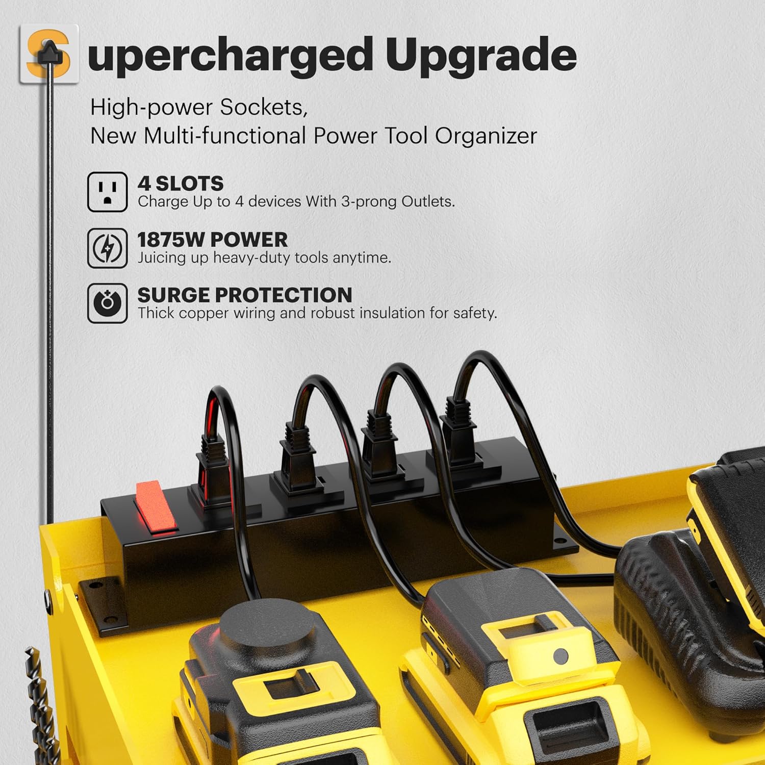 Power Tool Organizer with Charging Station, Garage Wall Mount Utility Shelf with 4 Outlet Power Strip 6 Drills Holder, Metal Storage Cabinet for Cordless Drill