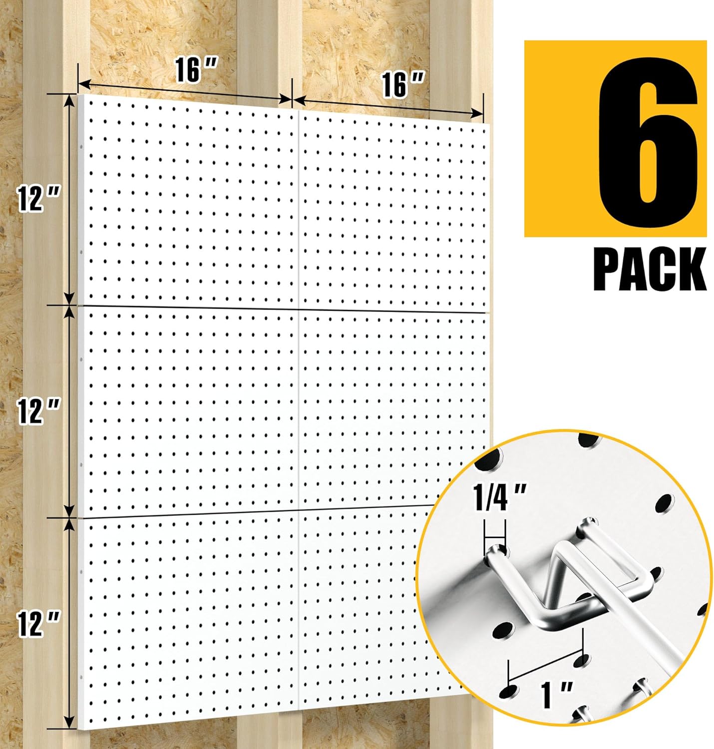 6 Pack Metal Pegboard Panels White Pegboards Wall Organizer with 50 Hooks, Heavy Duty Peg Board for Walls Home, Garage Tool Storage, Office Organization