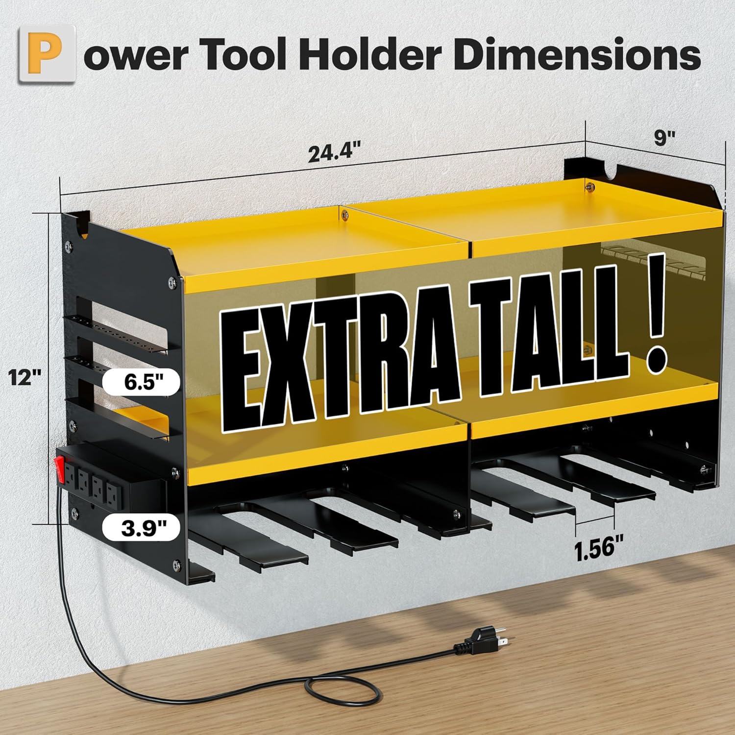 Large Power Tool Organizer Wall Mount with Charging Station, 3 Layer Heavy Duty Metal Tool Storage Rack Loads 420lbs with 6 Cordless Drill Holder, Utility Rack Loads with 4 Power Strip